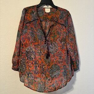 Edme & Esyllte Anthropologie Orange Purple Floral Boho Tassel Chiffon Top US 14